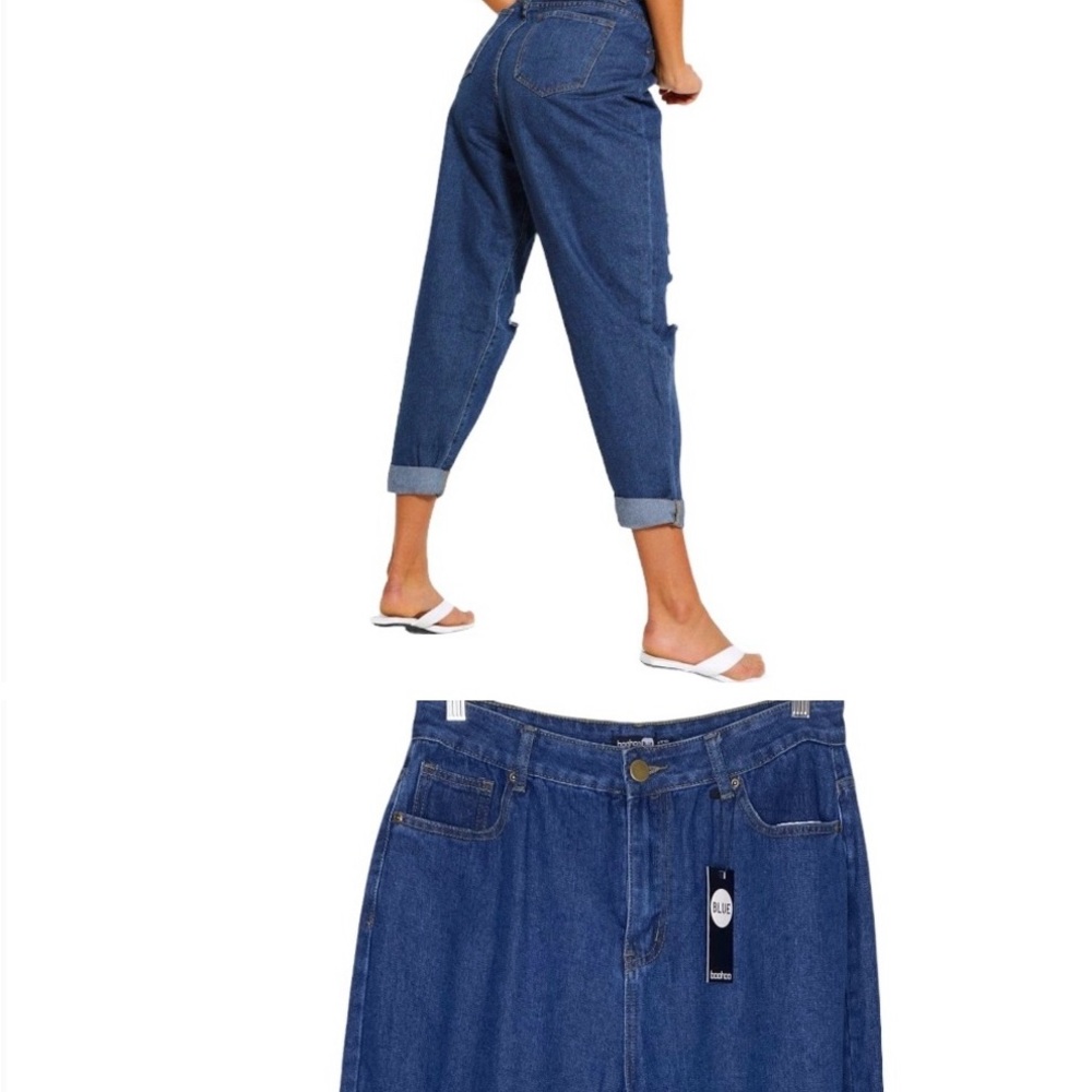 ✨NWT Boohoo Dark Wash High Rise Oversized Baggy Distressed Dad Jeans Size US 8